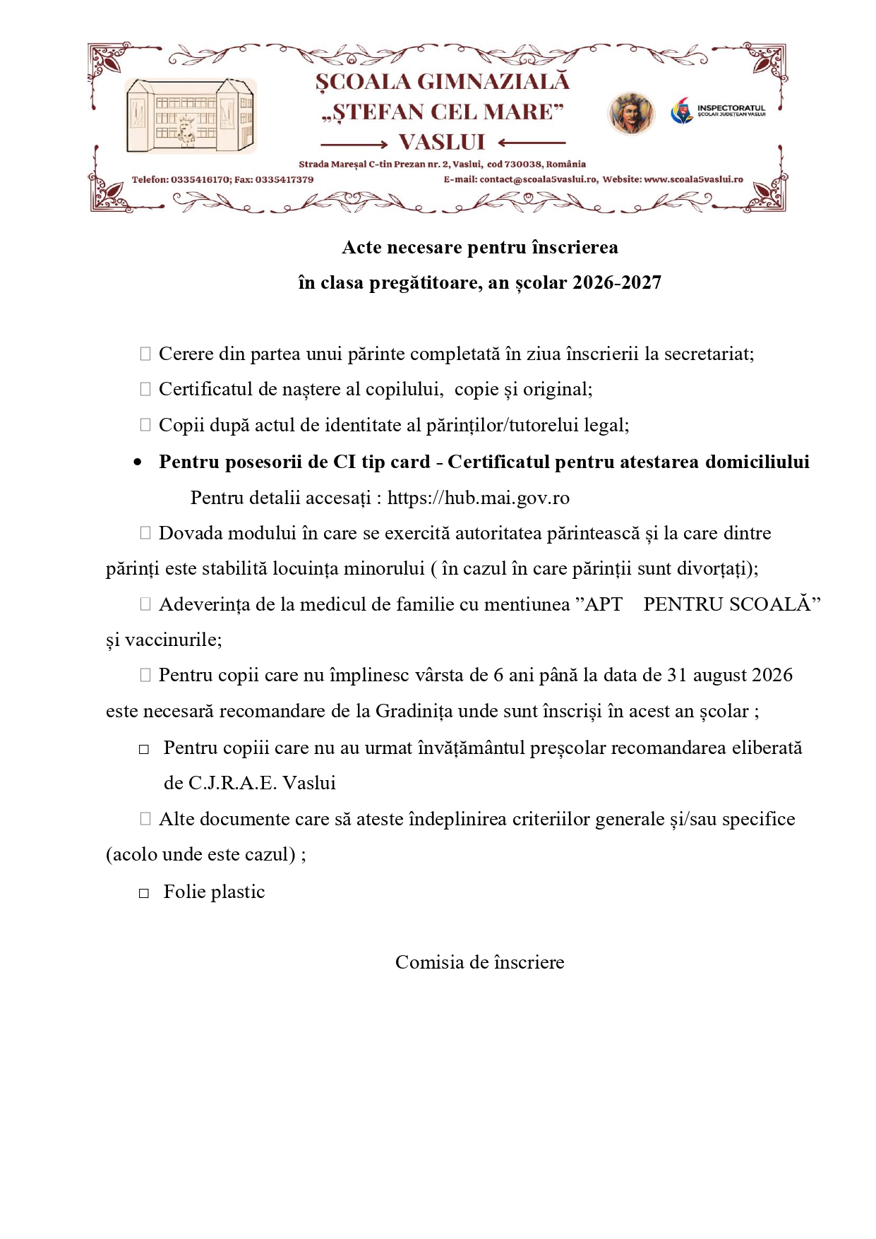 acte necesare inscriere in Clasa Pregatitoare an școlar 2026-2027